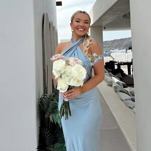 SHOW ME YOUR MUMU Jasmine Halter Midi Dress In Steel Blue Luxe Satin